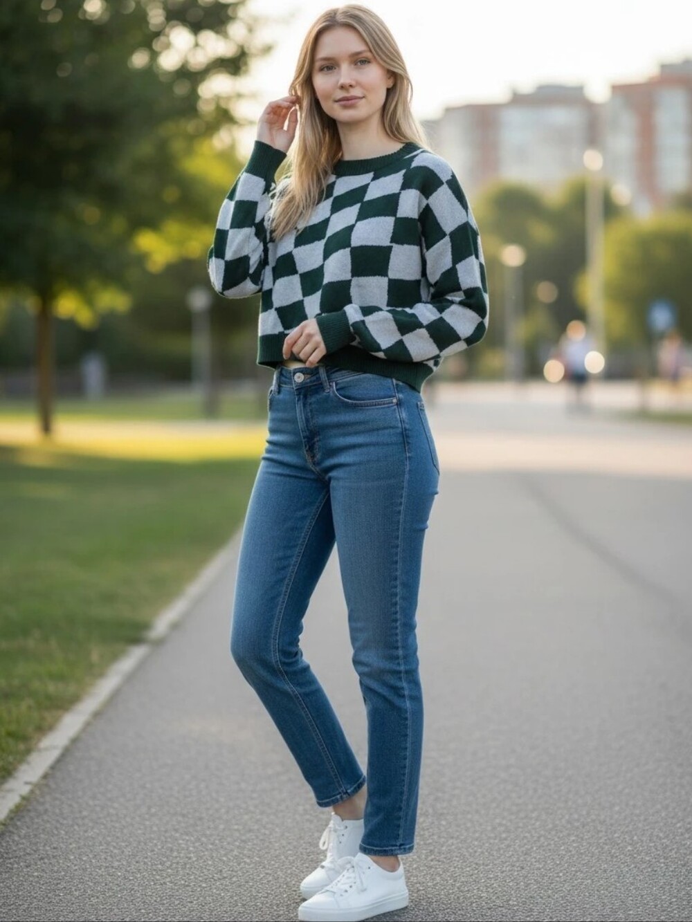 Hollister Green and White Checkered Cropped Sweater Size Small